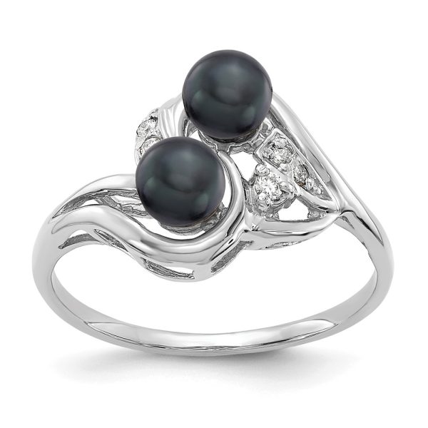 Solid 14k White Gold 4.5mm Black Freshwater Cultured Pearl Diamond Ring Band Size 5