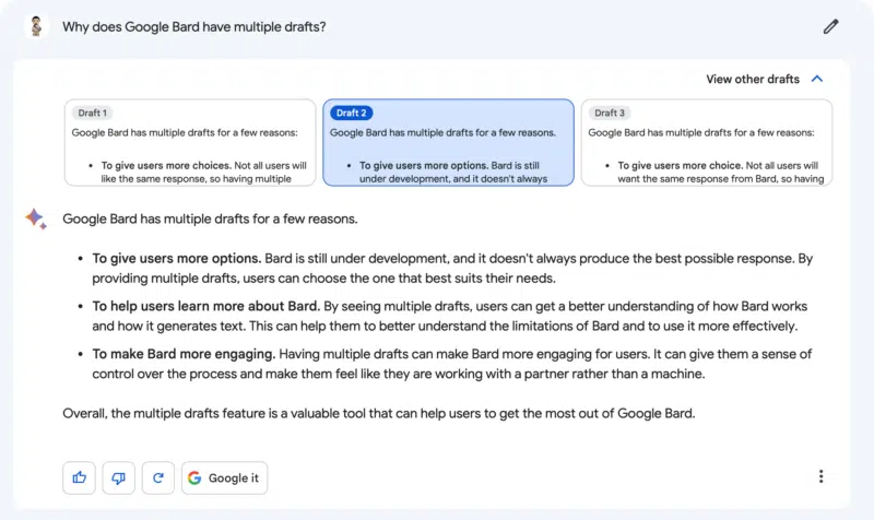 Google Bard adds more variety to drafts