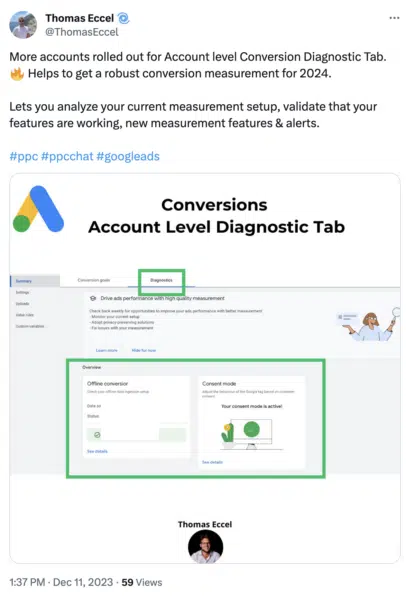 Google Ads pilots conversions account level diagnostic tab